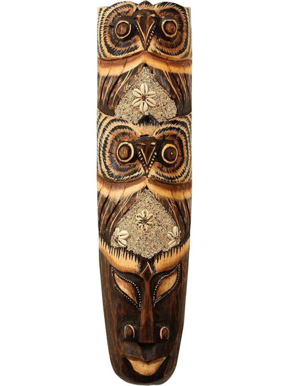 Hand-Carved 20" Wooden Owl Mask Wall Art, Rustic Boho Tribal Decor, Unique Home
